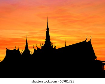 Main building of Cambodian Royal Palace, typical Khmer style outlined at sunset, Phnom Penh, Cambodia.