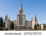 The main building of Moscow State University. A beautiful high-rise building with a spire. Architectural dominant and landmark of Moscow. Vorobyovy Gory, Moscow, Russia. Higher education in Russia.