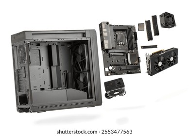 Main components of computer,  studio shoot parts for building desktop PC isolated on white background. Big case, motherboard, CPU, memory, cooler, SSD, graphics card, power supply unit. 