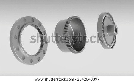 Main components of a harmonic drive, including the wave generator, flex spline, and circular spline, depicted in a 3D model for detailed visualization.