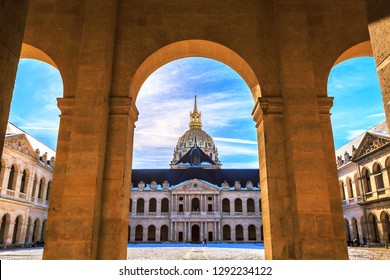 Main Courtyard Of Les Invalides (National Residence Of Invalids) In Paris. French Baroque Architecture. Museums And Monuments, Military History Of France. Napoleon I Bonaparte Tomb In This Building.