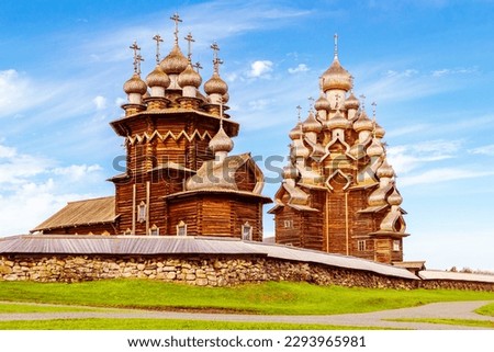 The main ensemble of the Kizhi open air museum. Monuments of wooden architecture: churches and a bell tower. Kizhi Island, Karelia, Russia.