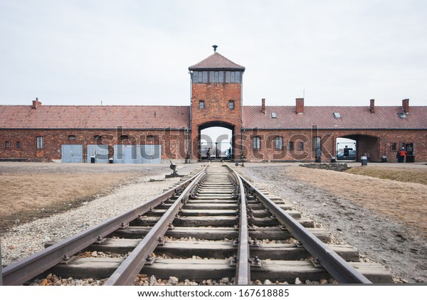 Main Entrance Auschwitz Birkenau Concentration Camp Stock Photo