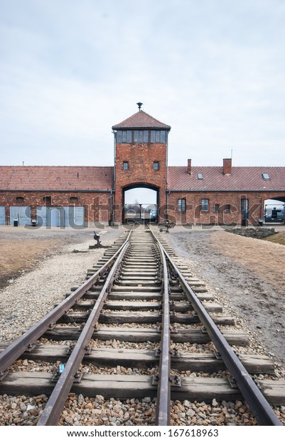 Main Entrance Auschwitz Birkenau Concentration Camp Stock Photo