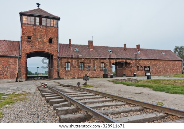 Main Entrance Auschwitz Birkenau Concentration Camp Stock Photo