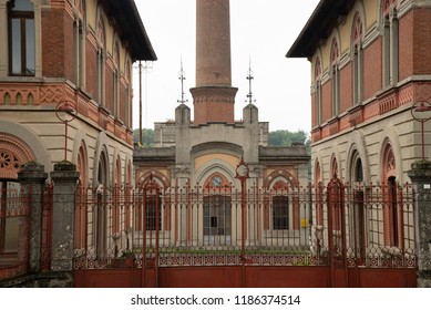 Main entrance of the Crespi factory, in the province of Bergamo, Lombardy, Italy, symbol of the industrial architecture of the late nineteenth century. Crespi is an "ideal worker village" 