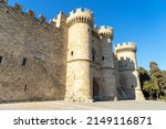 Main entrance of Palace of Grand Master of Knights of Rhodes or Kastello. Medieval castle in city of Rhodes, on island of Rhodes in Greece. Citadel of Knights Hospitaller.