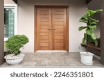 Main entrance of residential house with tiled floor decorated with green ficus lyrate tree in white pot.
