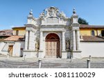 Main entrance of the white Certosa of Collegno, Italy. HDR effect.