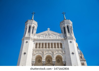Main Facade of Basilique Notre Dame de Fourviere Basilica church in Lyon, France, during a sunny afternoon. It is a Catholic minor basilica and a major landmark of Lyon

