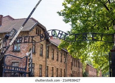 Main Gates To Auschwitz-Birkenau Concentration Camp. Auschwitz, Poland, 16 May 2022.