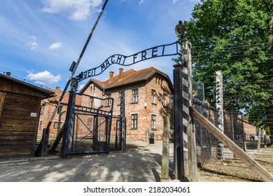 Main Gates To Auschwitz-Birkenau Concentration Camp. Auschwitz, Poland, 17 July 2022