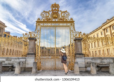 Main Golden Door In Exterior Facade Of Versailles Palace, Paris, France