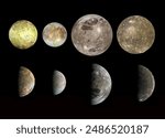 The main moons of Jupiter isolated on black background. Io, Europa, Ganymede, Callisto. Universe science astronomy