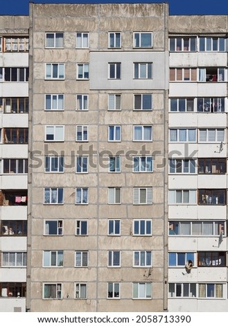Main façade of multi-apartment large-panel residential building soviet architecture houses of perestroika