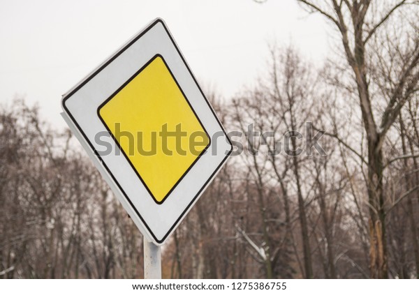 Main road\
sign mounted on metal pole on the background of trees. Priority\
road sign on the background of\
trees