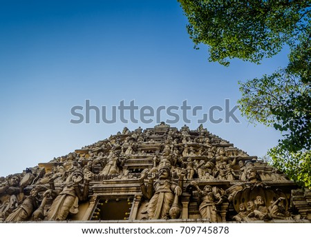 The main sacred building, pyramid like, of the Brihadeeswarar Temple, Hindu living temple dedicated to Lord Shiva located in Thanjavur in the Indian state of Tamil Nadu, India