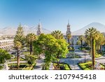 The main square of Arequipa on the background of the volcano El Misti.