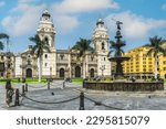 Main Square or Plaza Mayor or Plaza de Armas of Lima in the Historic Center of town, surrounded by colonial buildings.