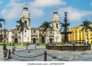 Main Square or Plaza Mayor or Plaza de Armas of Lima in the Historic Center of town, surrounded by colonial buildings.