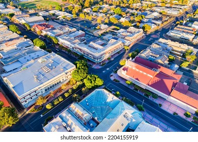 Main street intersection in Moree town downtown of rural agriculture region of NSW, Australia - aerial townscape.