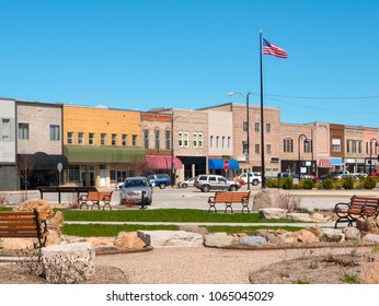 Main Street Rural Midwest USA Small Town Business Storefronts Hometown Flag