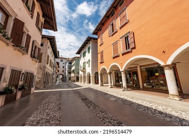 Main Street In Spilimbergo Downtown, Called Corso Roma (Rome Street) With The Medieval Clock Tower (western Tower). Pordenone Province, Friuli-Venezia Giulia, Italy, Southern Europe.