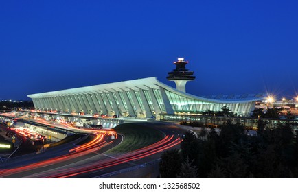 Main Terminal of Washington Dulles International Airport at dusk in Virginia, USA.