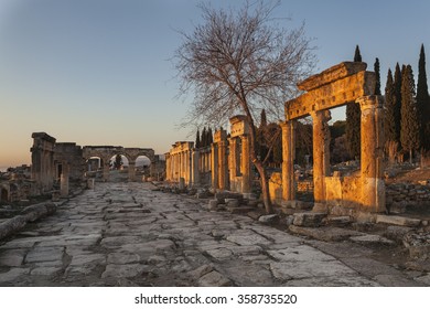 Main thoroughfare of roman Hierapolis with adjacent remains of buildings, Pamukkale, Turkey. UNESCO World Heritage