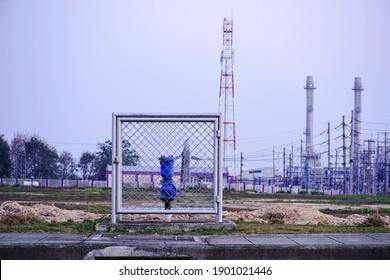 Main Water Valve With Industrail Factory Background, Water Meter On Concrete, Measuring Device, Water Pipe And Meter With Waterspout Of Home