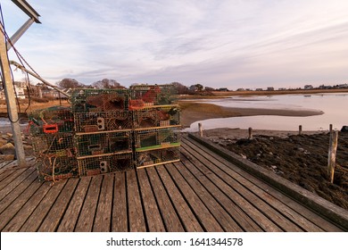 Maine Lobster Traps On A Wharf During Sunset.