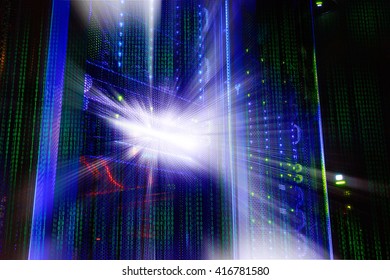 mainframe in dark room with illumination from server hardware
