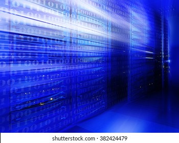 Mainframe Stack In The Server Room Blue Blur Coat Binary Code