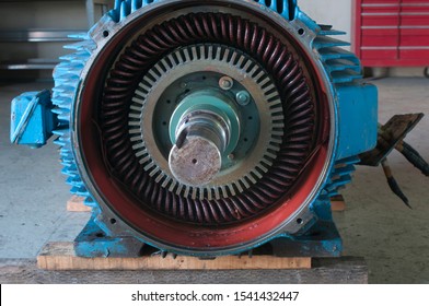 Maintenance for a 480 Volts, 3 Phase, 250 Horse Power, electric motor for industrial purposes, image of the rotor, coil and axe