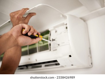 Maintenance, air conditioner and hands of man with screwdriver working on ventilation filter for ac repair. Contractor service, handyman or electric aircon machine expert problem solving with tools.