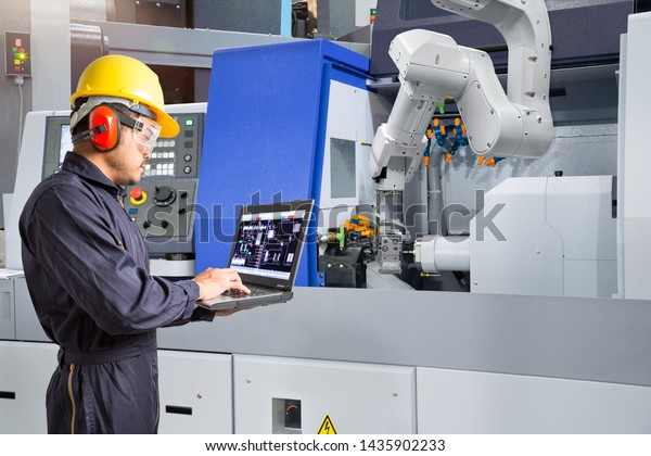 Maintenance Engineer Using Laptop Computer Control Stock Photo ...