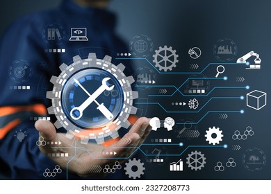 A maintenance engineer and wrench symbol in gear, a industrial machine, shows how well taken care of. Industrial machine corrective prevention concept.