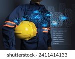 Maintenance and facility management concept with technician holding yellow helmet to prepare service or repair in a building and facility in emergency  situation