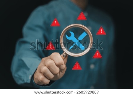 Maintenance Fixing System warning on internet or caution sign symbol. Notification error. cyber attack on computer network. Cybersecurity vulnerability, data breach, illegal connection.