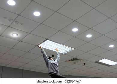 Maintenance Man Changing Light Bulbs In Office