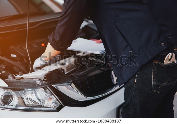 Maintenance man check car engine, car service, car\
check, call center,\
