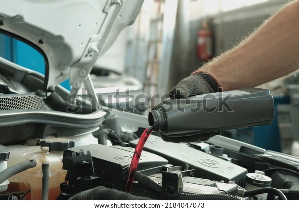 Maintenance of a passenger car in a service
center. An auto mechanic holds a container of technical fluid in
his hand. Replacement of oil and technical fluids in the engine and
vehicle systems.