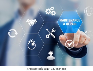 Maintenance and repair concept with icons about assistance and servicing of equipments, person touching symbols