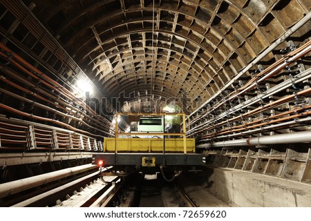 Maintenance vehicle in the tunnel of Prague subway.
