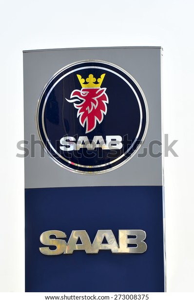 \
MAINZ,GERMANY-APRIL 16:Saab logo in the blue sky  on April 16,2015\
in Mainz, Germany Saab Automobile, a Swedish automobile\
manufacturer, formerly a division of Saab\
AB