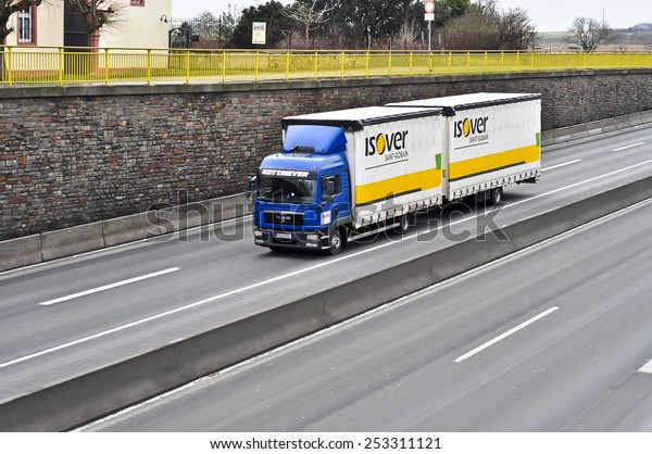 MAINZ,GERMANY-FEB 09:MAN truck on the highway on\
February 09,2015 in Mainz,Germany.MAN SE, formerly MAN AG, is a\
German mechanical engineering company and parent company of the MAN\
Group.