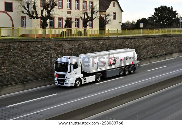 MAINZ,GERMANY-FEB 20:MAN oil truck on the highway\
on February 20,2015 in Mainz,Germany.MAN SE, formerly MAN AG, is a\
German mechanical engineering company and parent company of the MAN\
Group.