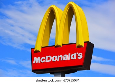 MAINZ,GERMANY-JULY 08: McDonald's Restaurants logo on July 08,2017 in Mainz, Germany.The McDonald's Corporation is the world's largest chain of hamburger fast food restaurants. 