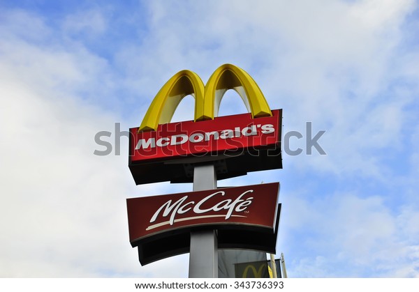 MAINZ,GERMANY-NOV 25:\
McDonald\'s Restaurants logo on November 25,2015 in Mainz,\
Germany.The McDonald\'s Corporation is the world\'s largest chain of\
hamburger fast food restaurants.\
