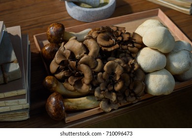 Maitake, Shiitake And Lion's Mane Mushroom On  Table